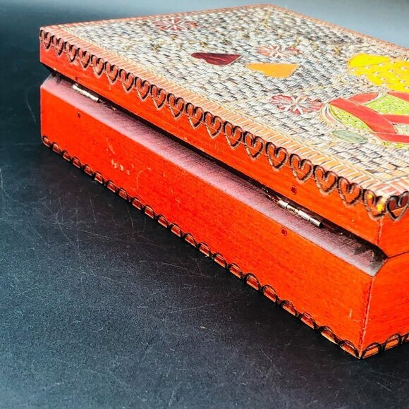 Poland Folk Art Hand Carved Wooden Box Vintage Pyrography Decorative Dresser Box - Picture 5 of 14